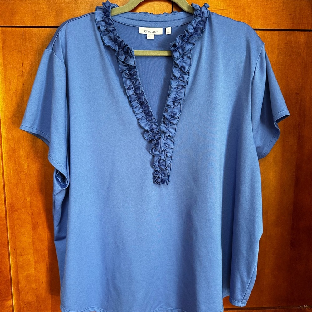 Chico's Blue Ruffle V-Neck Women's Top